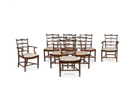 SET OF EIGHT GEORGE III STYLE MAHOGANY DINING CHAIRS LATE 19TH CENTURY comprising two armchairs and six side chairs, the serp