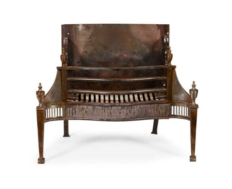 LATE GEORGE III STEEL AND CAST IRON FIRE GRATE EARLY 19TH CENTURY with three curved bars above a pierced grille, on square ta