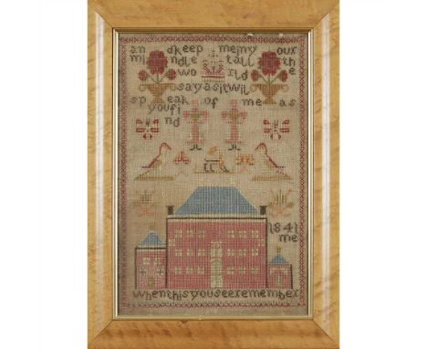 EARLY VICTORIAN NEEDLEWORK SAMPLER DATED 1841 rectangular, worked with a verse, flower vases, a pair of girls, birds, and ins