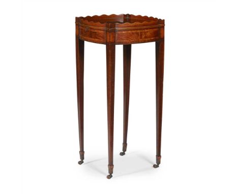 LATE GEORGE III MAHOGANY AND HAREWOOD URN STAND late 18th century the rounded square top with a wavy gallery above a cup slid