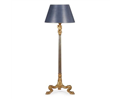 ITALIAN CARVED GILTWOOD AND PAINTED NEOCLASSICAL STANDARD LAMP LATE 19TH CENTURY with a carved sphynx on a fluted column and 