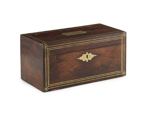 Y LATE GEORGE III ROSEWOOD AND BRASS TEA CADDY EARLY 19TH CENTURY the front and top outlined with bands of brass inlay marked