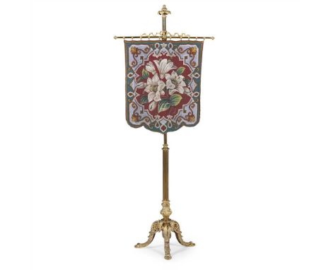 VICTORIAN BRASS AND BEADWORK POLESCREEN 19th century the beadwork panel depicting lilies within a strapwork border, on a bras