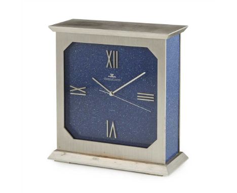 JAEGER LECOULTRE TABLE CLOCK 20TH CENTURY the silvered brass case enclosing enamelled panels and dial plate simulating lapis 