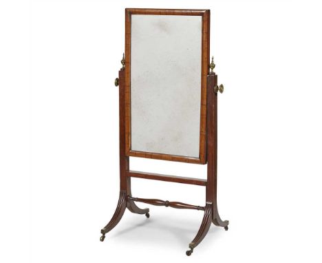 REGENCY MAHOGANY CHEVAL MIRROR EARLY 19TH CENTURY the rectangular mirror plate in a cushion moulded frame between squared upr
