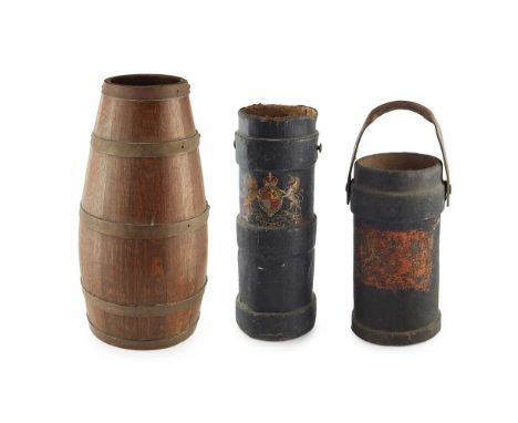 TWO CANVAS SHELL CASE STICK STANDS 19TH CENTURY the taller example painted black with a British coat-of-arms, the smaller wit