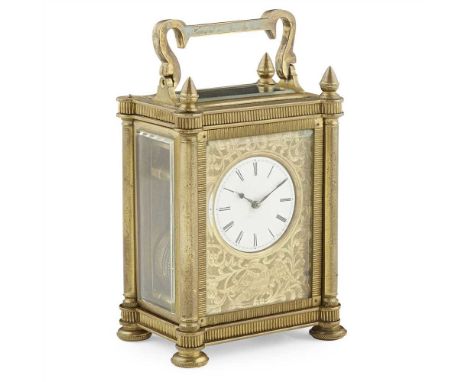 ENGLISH GILT BRASS CARRIAGE CLOCK MID 19TH CENTURY in a column case with bevelled glass panels enclosing a circular white ena