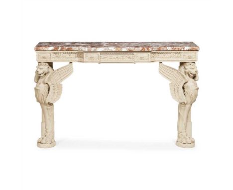 FRENCH MARBLE TOPPED AND PAINTED CONSOLE TABLE MODERN the breakfront marble top over a foliate and bead moulded frieze marked