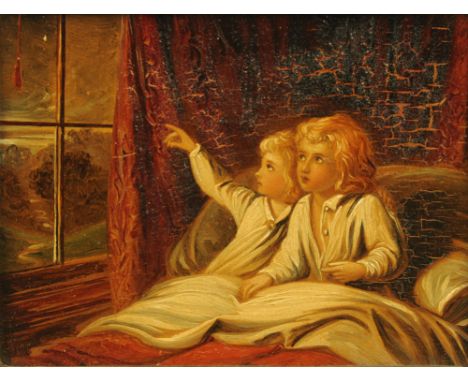 A 19th century oil painting on wooden board, two young children looking out of a sash window.  10 cm x 13.5 cm, framed.