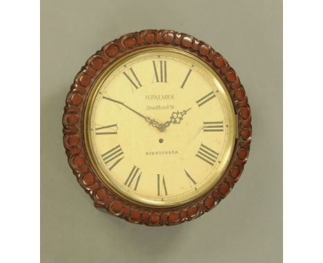 A Victorian mahogany single fusee wall clock, H Palmer, Bradford Street, Birmingham.  Case diameter 48 cm (see illustration).
