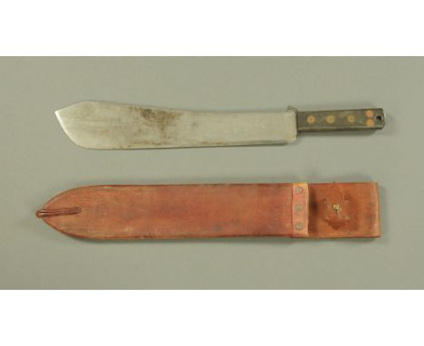 A British Army issue machete, by S &amp; J Kitchin Ltd Sheffield No. 2640, dated 1955, with brown leather scabbard.  Length 5