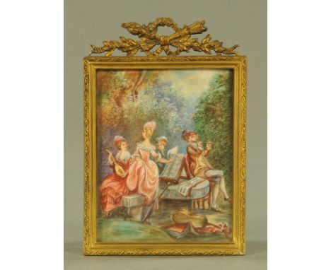 After Boucher a miniature painting probably on card, figures in landscape in gilt frame with easel back.  11 cm x 8.5 cm, cir