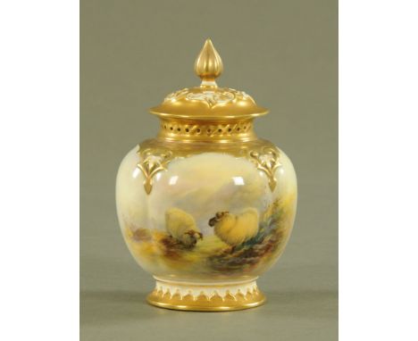 A Royal Worcester lidded pot pourri, painted with sheep in landscape by Barker, puce printed mark to base also 278.  Height 1