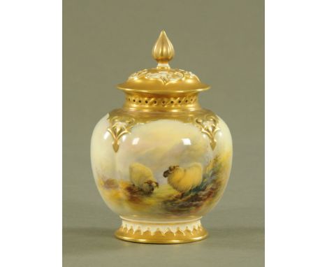 A Royal Worcester lidded pot pourri, painted with sheep in landscape by Barker, puce printed mark to base also 278.  Height 1