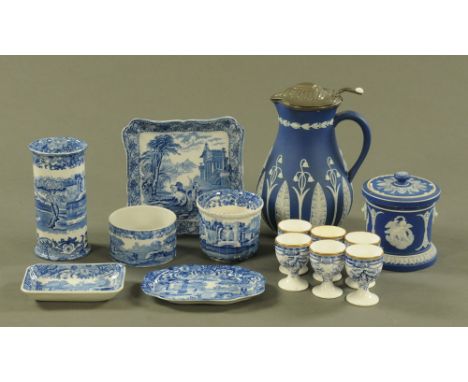 Six blue and white transfer printed egg cups, six pieces of Copeland Spode Italian ware, a blue Jasperware pewter lidded jug 