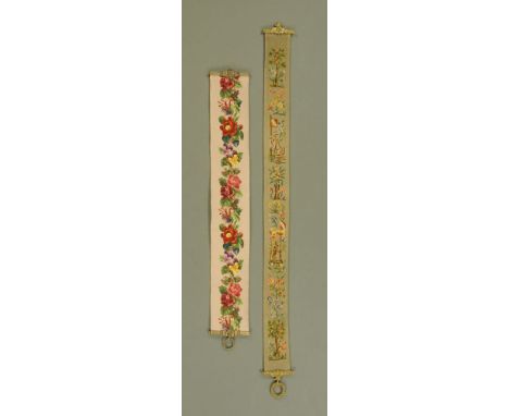 Two woolwork tapestry wall hangings, with brass hangers.  Longest 176 cm.