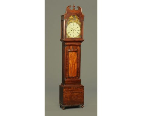 An early 19th century Scottish mahogany longcase clock with swans neck pediment above the arched painted dial with eight day 