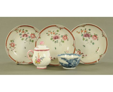 Three New Hall style small shallow bowls, a blue and white tea bowl and a Majolica cup and cover. CONDITION REPORT: The three
