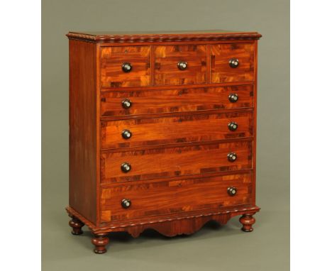 A Victorian mahogany Scotch chest of drawers with ripple moulded edge above a series of crossbanded drawers with wooden knob 
