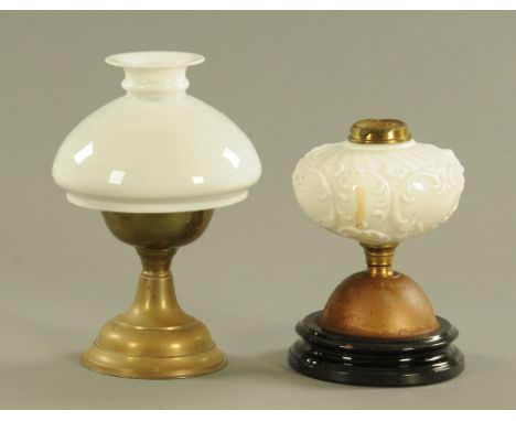 A Victorian brass oil lamp, with opaque white glass shade and another with similar reservoir only.
