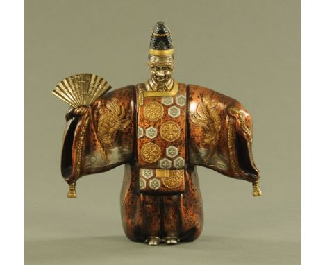 A Japanese bronze Noh theatre figure, with mask and fan.  Height 33 cm, width 29 cm. CONDITION REPORT: This figure is in firs