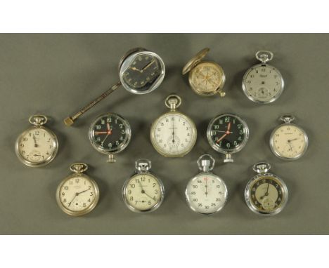 A vintage car clock, with plated case and Arabic numerals, together with a collection of ten pocket watches by Ingersoll etc 