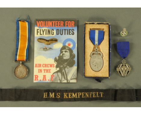 A First World War medal to Private 9284 F. Biddlecombe R.W. Kent together with an RAF badge, Masonic medals etc.