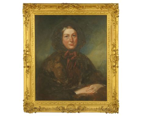 R Buckner, 19th century, oil painting, portrait of a seated lady wearing a brown shawl, the canvas 74 cm x 61 cm, in gilt mou