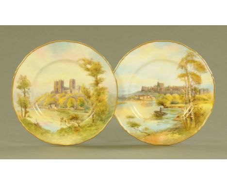 A pair of Royal Worcester cabinet plates, Durham Cathedral (signed Bennett) and Windsor Castle (indistinctly signed).  Diamet