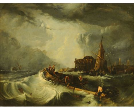 A 19th century oil painting on canvas, of a shipwreck, 50 cm x 64 cm, framed, relined. CONDITION REPORT: The painting has bee