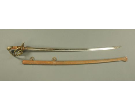 A 19th century Continental Cavalry sabre, with brass basket pattern hilt, with metal scabbard.  Length 117 cm. CONDITION REPO