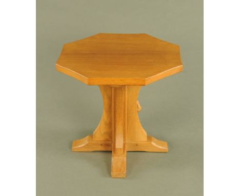 A Mouseman Thompson of Kilburn oak octagonal coffee table, with adzed top and typical mouse trademark.  Height 47 cm, width 5