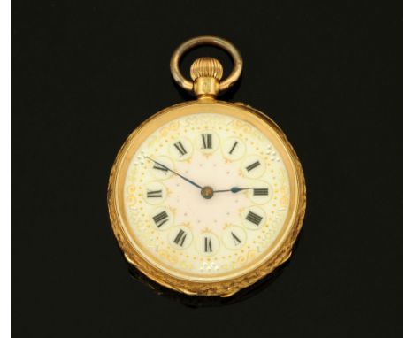 An 18 ct gold foliate engraved fob watch, with ceramic dial, knob wind, diameter 38 mm. CONDITION REPORT: The inner dust cove