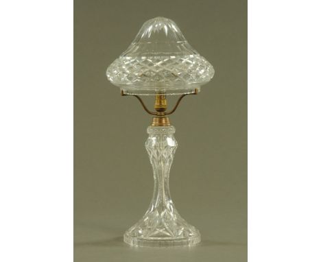 A cut glass table lamp with toadstool shaped shade.  Height 53 cm, diameter 26 cm. CONDITION REPORT: This lamp is currently l