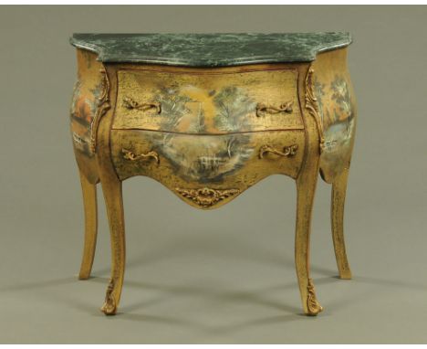 A Louis XV style painted two drawer commode, with green marble top with metal handles and mounts raised on cabriole legs term