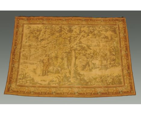 A Victorian tapestry panel, a continental scene depicting figures in a classical garden.  218 cm x 298 cm.