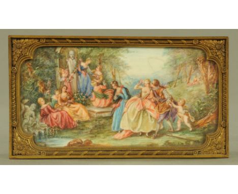 After Boucher a painting, probably on card of a courting scene, in landscape, 9 cm x 18 cm in metal frame with easel back, ci
