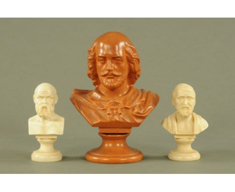 A terracotta portrait bust of Shakespeare, and two resin busts Hippocrates and Socrates.  Tallest 25.5 cm.