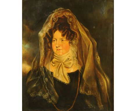 An oil painting on canvas, portrait of an elderly lady with veil.  75 cm x 62 cm, framed, relined.