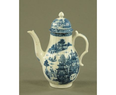 A Caughley temple pattern coffee pot and cover, with S mark to underside.  Height 26 cm (see illustration).