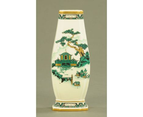 A Royal Worcester chinoiserie enamel vase, decorated with pagodas and tree against the ivory ground and with date code for 19