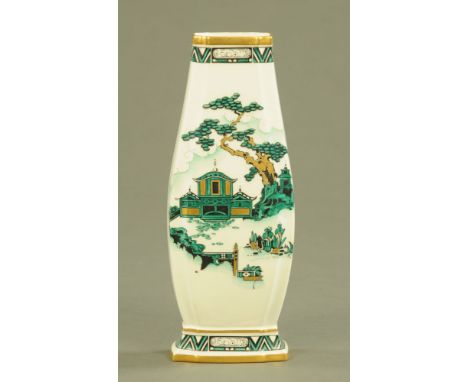 A Royal Worcester chinoiserie enamel vase, decorated with pagodas and tree against the ivory ground and with date code for 19