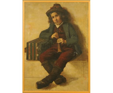 H Buffham, oil painting on board, young boy with pipes, 93 cm x 67.5 cm, signed and dated Antwerp 1895, Number 201. CONDITION