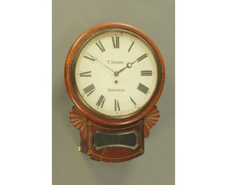 A Regency mahogany brass strung single fusee drop dial wall clock, T Atkinson Newcastle.  Dial diameter 32 cm (see illustrati