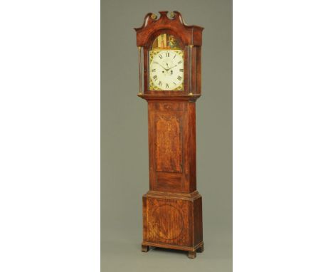 A George III oak and mahogany banded longcase clock with painted dial and eight day striking movement, with swans neck pedime