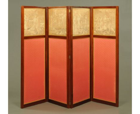 An Edwardian mahogany four fold screen, with tapestry panels to the upper section.  Height 175 cm, panel width 57 cm.