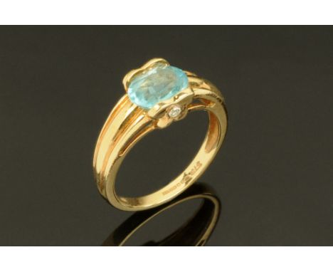 A 9 ct gold aquamarine ring, Size K/L.