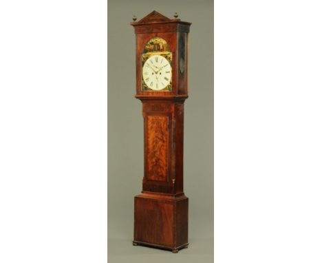 An early 19th century Scottish mahogany longcase clock with eight day striking movement, with triangular pediment above the a