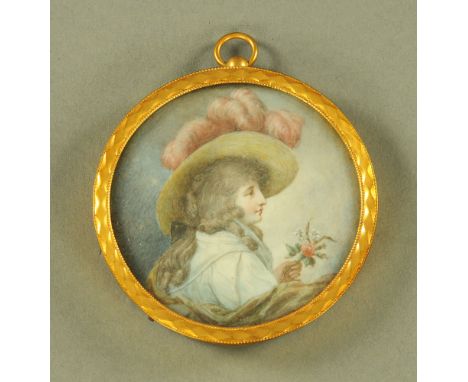 A circular portrait miniature, young girl with feathered bonnet and rose.  Diameter 7 cm in gilt metal frame (see illustratio