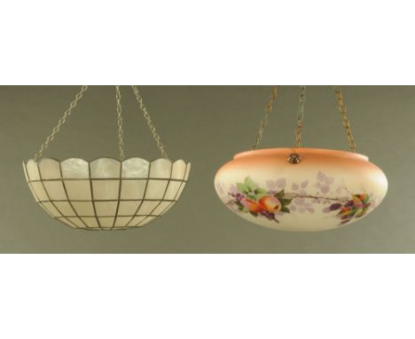 An Art Deco glass fruit and foliate decorated hanging light shade.  diameter 35.5 cm and another.